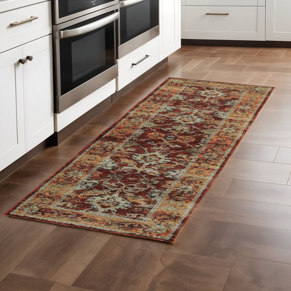 12' Red Gold And Green Oriental Runner Rug