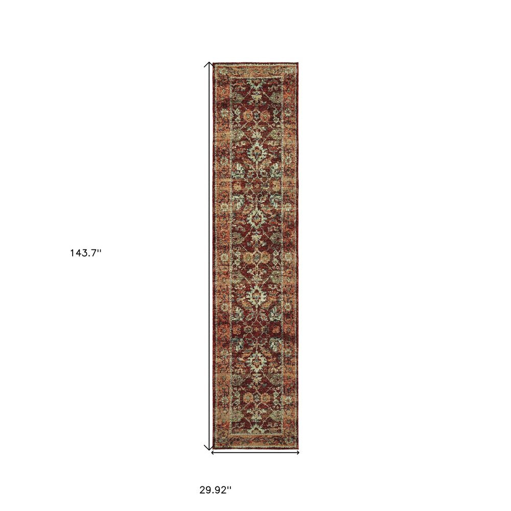 12' Red Gold And Green Oriental Runner Rug