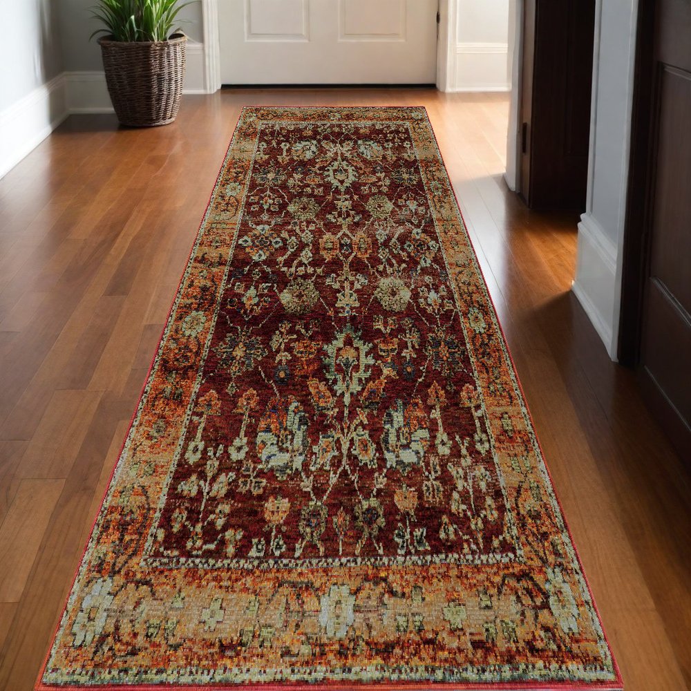 12' Red Gold And Green Oriental Runner Rug