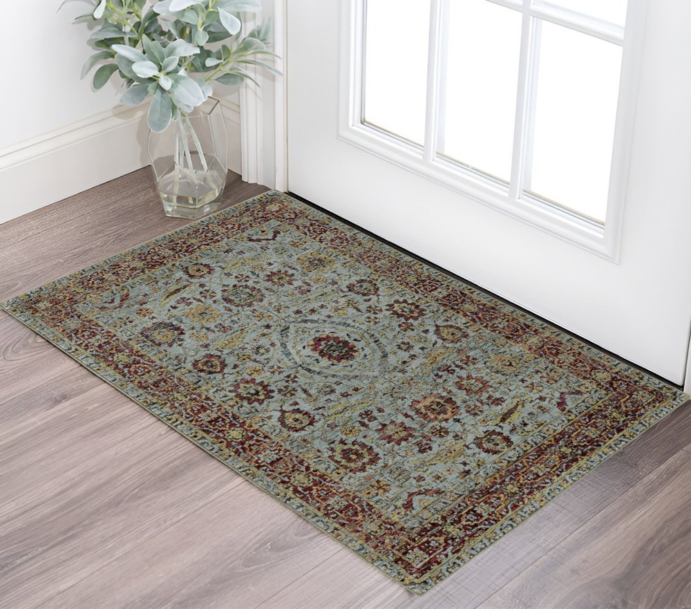 3' X 5' Blue and Green Oriental Power Loom Area Rug