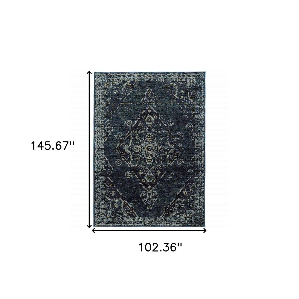 8' X 11' Blue and Black Oriental Power Loom Area Rug