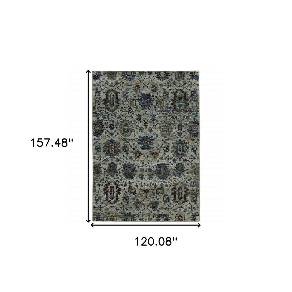 7' X 10' Blue Green Oriental Power Loom Area Rug
