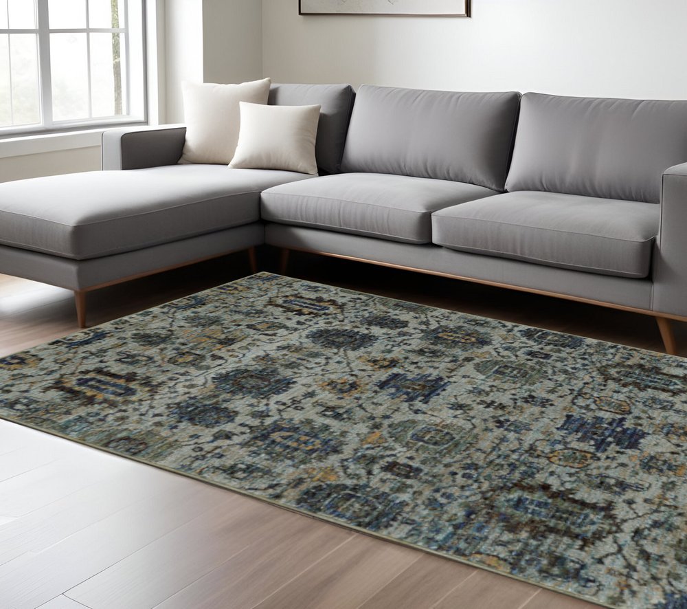 7' X 10' Blue Green Oriental Power Loom Area Rug