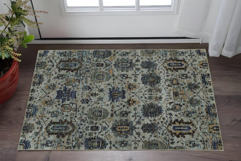 7' X 10' Blue Green Oriental Power Loom Area Rug