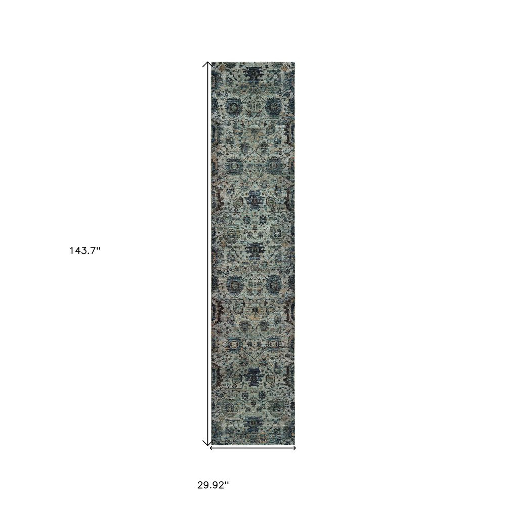 7' X 10' Blue Green Oriental Power Loom Area Rug