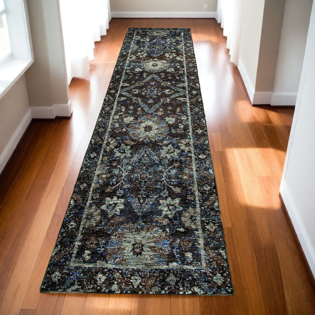 8' Runner Navy Blue Oriental Power Loom Runner Rug