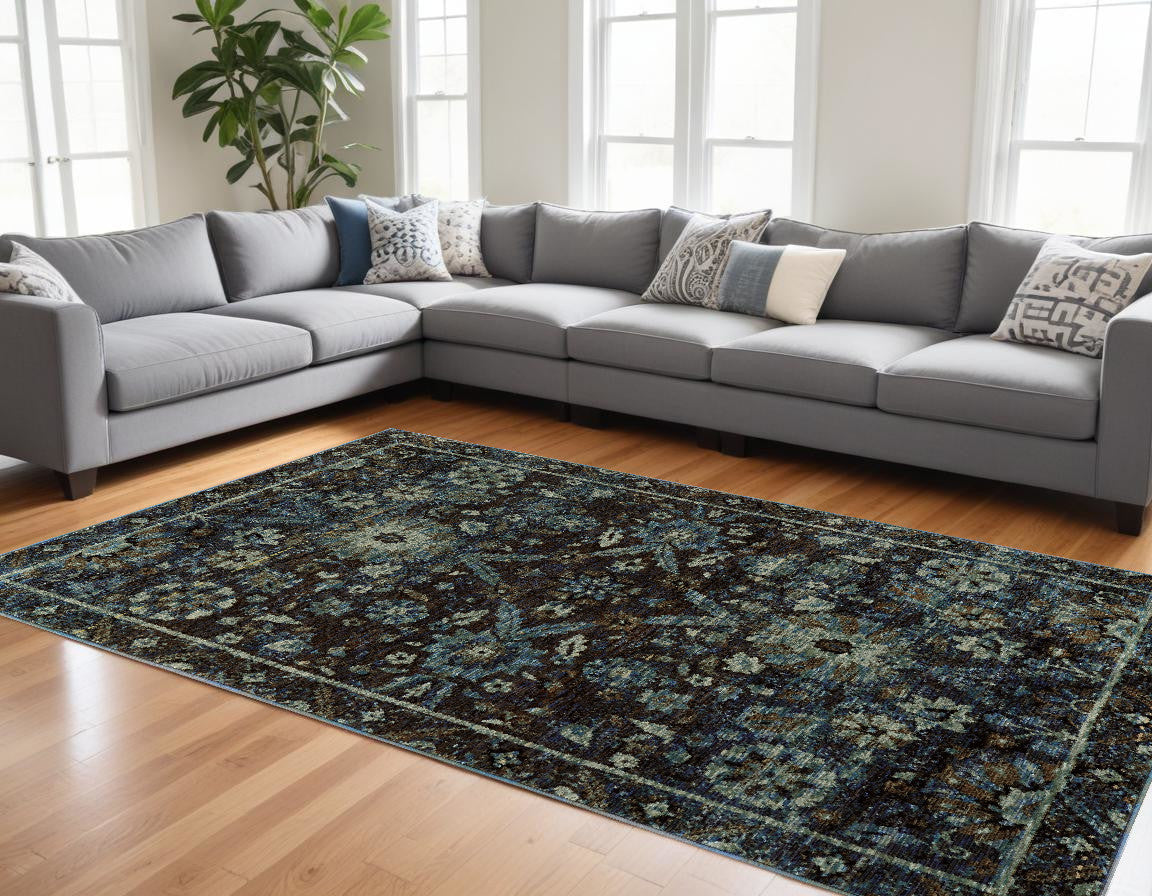 8' Runner Navy Blue Oriental Power Loom Runner Rug