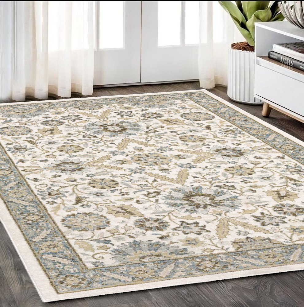 5' X 7' Stone And Ivory Oriental Area Rug