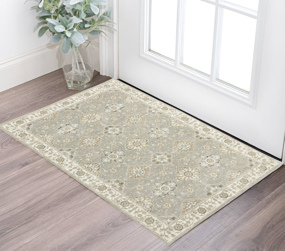 8' Gray And Ivory Oriental Runner Rug