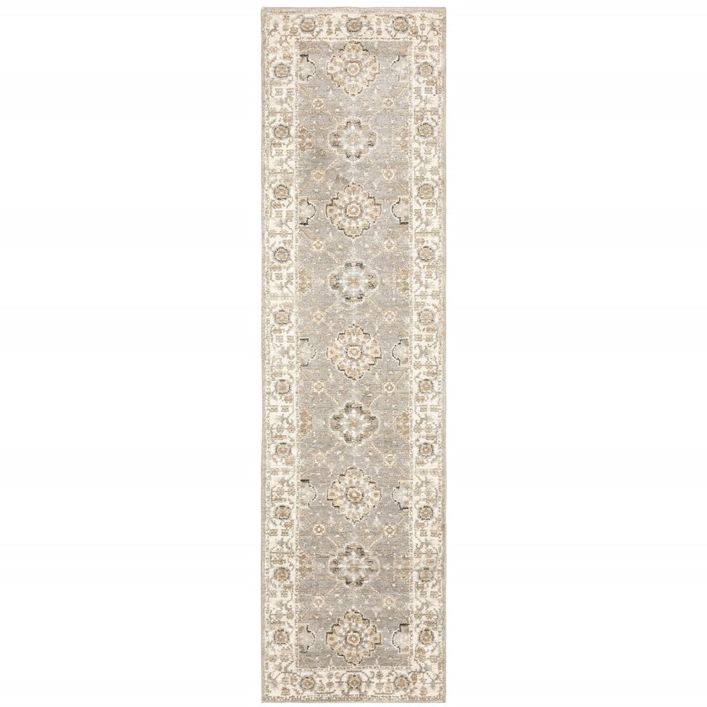 8' Gray And Ivory Oriental Runner Rug