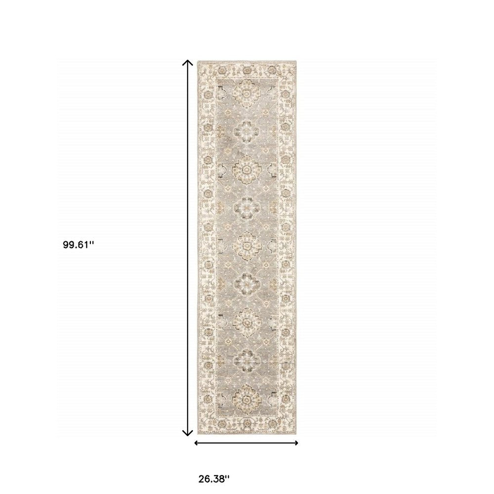 8' Gray And Ivory Oriental Runner Rug