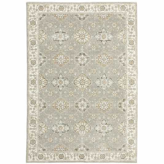 8' Gray And Ivory Oriental Runner Rug