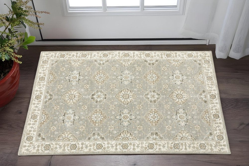 8' Gray And Ivory Oriental Runner Rug