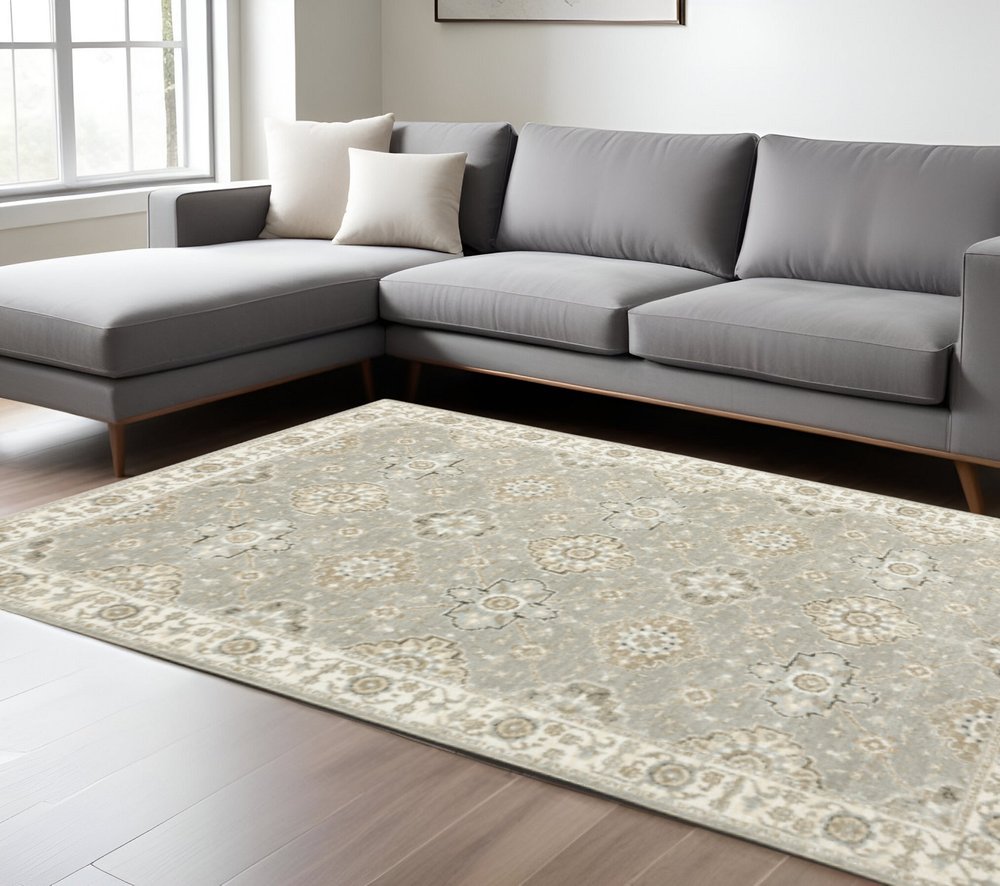 8' Gray And Ivory Oriental Runner Rug
