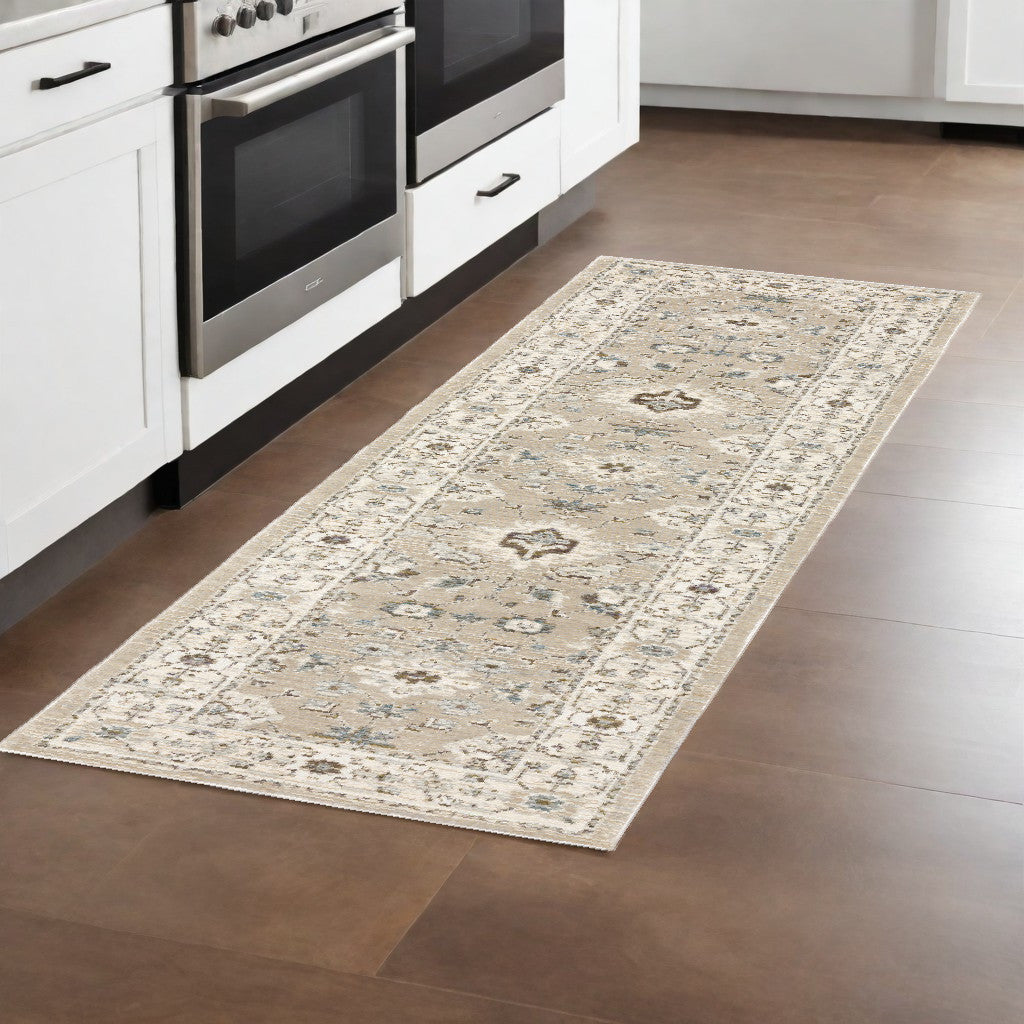 2' X 3' Beige and Ivory Oriental Power Loom Area Rug