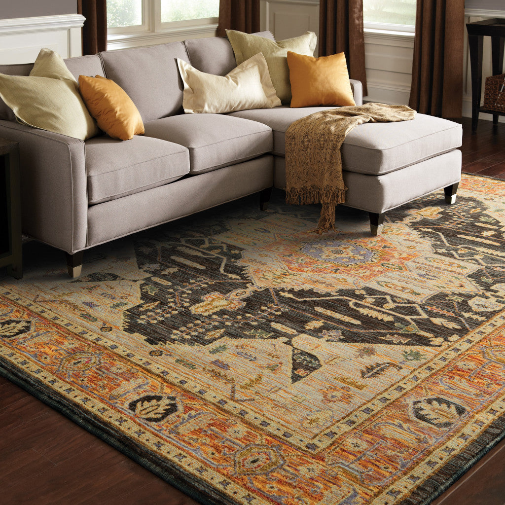 10' X 13' Black and Gold Oriental Power Loom Area Rug