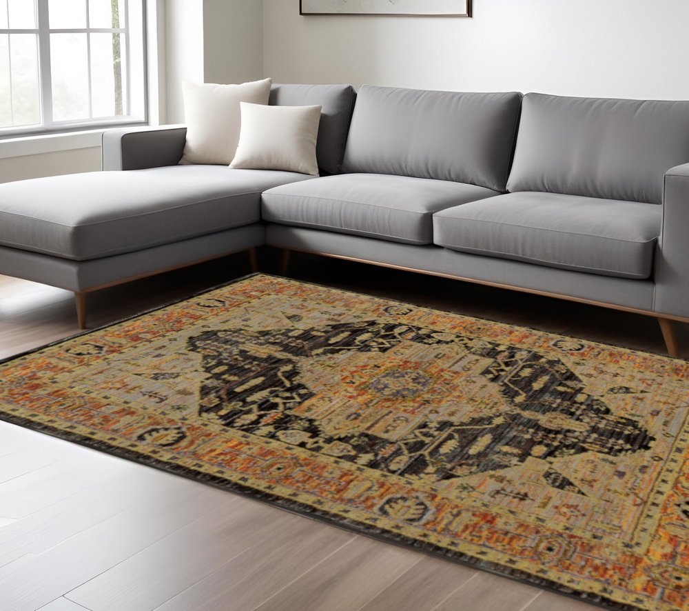 2' X 3' Gold And Gray Oriental Area Rug