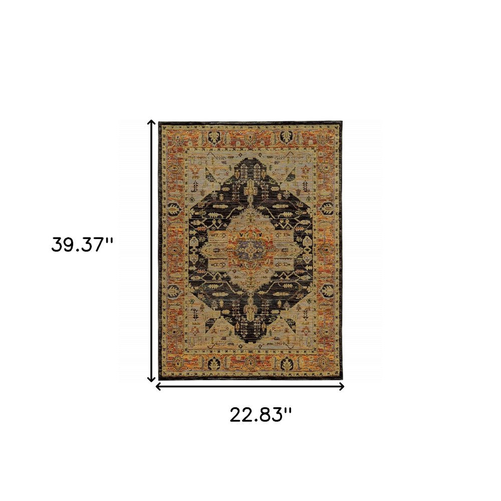 2' X 3' Gold And Gray Oriental Area Rug