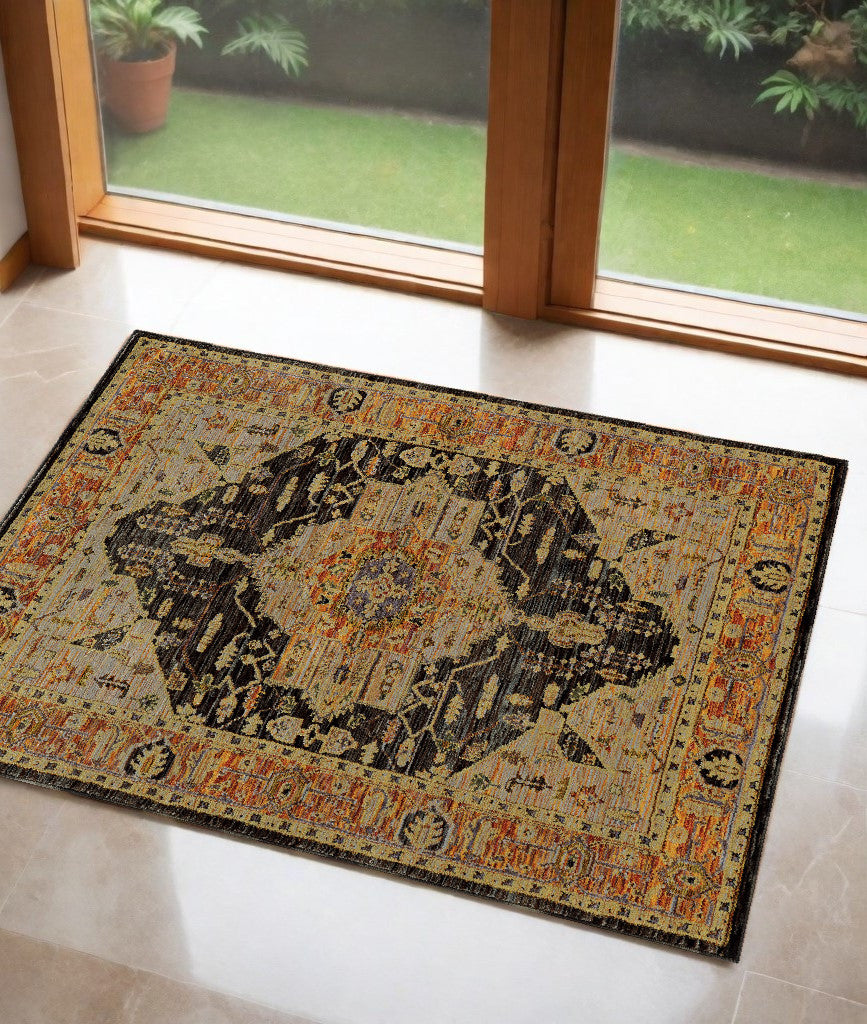 10' X 13' Black and Gold Oriental Power Loom Area Rug