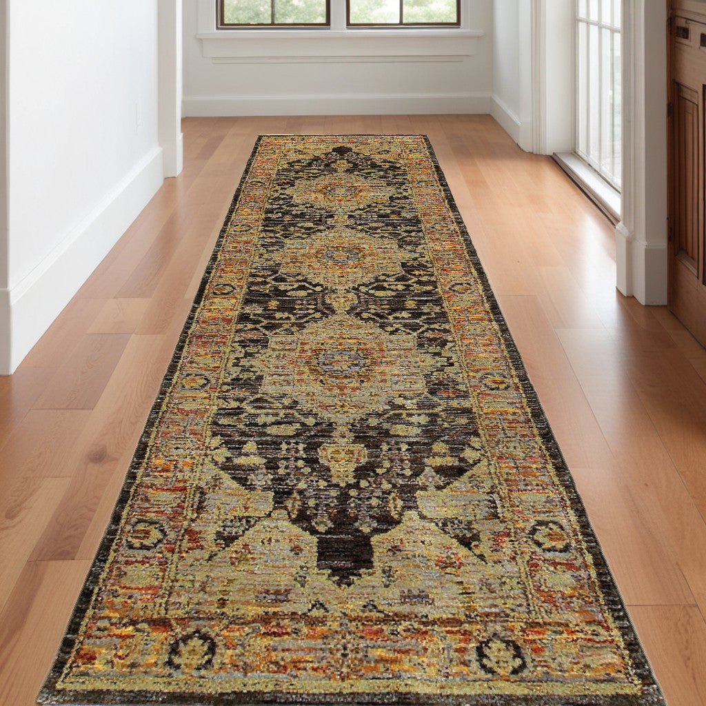 10' X 13' Black and Gold Oriental Power Loom Area Rug