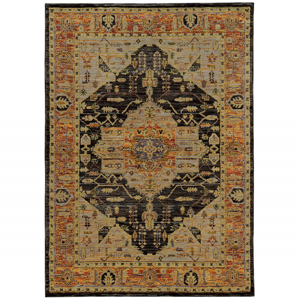 10' X 13' Black and Gold Oriental Power Loom Area Rug