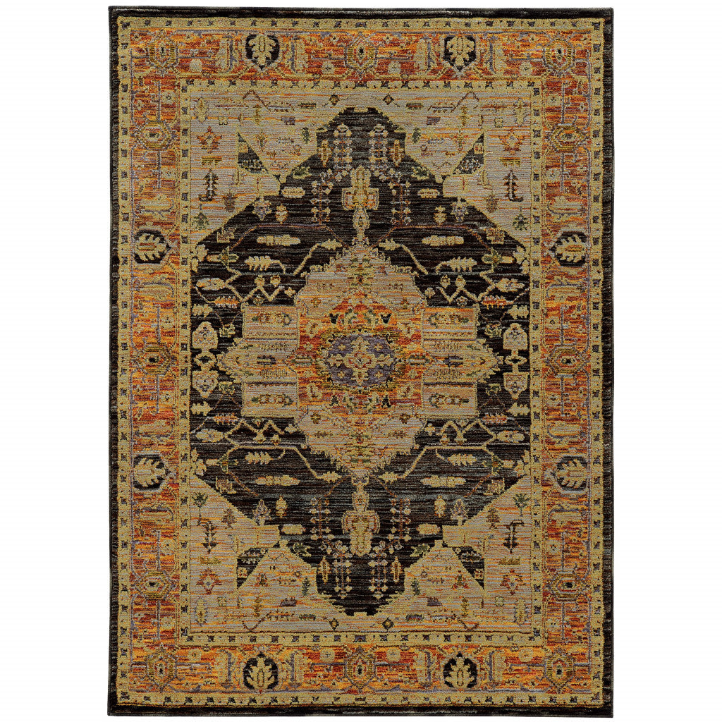 10' X 13' Black and Gold Oriental Power Loom Area Rug