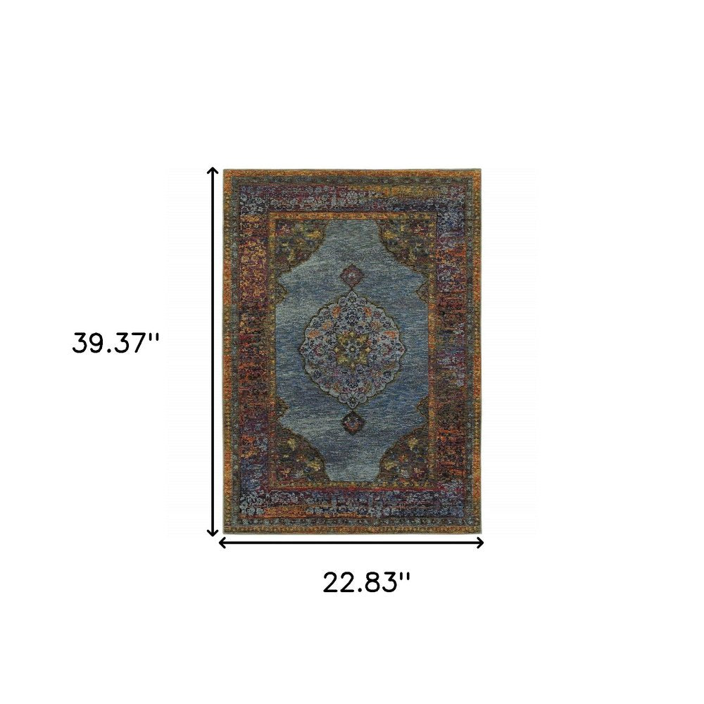 2' X 3' Blue And Beige Oriental Area Rug