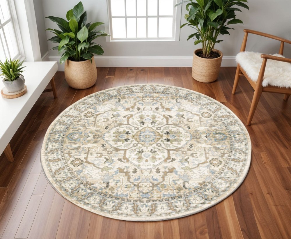 8' Beige and Ivory Round Oriental Power Loom Area Rug