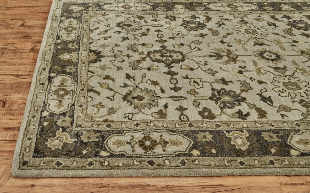 8' X 11' Gray Ivory And Taupe Wool Floral Tufted Handmade Stain Resistant Area Rug