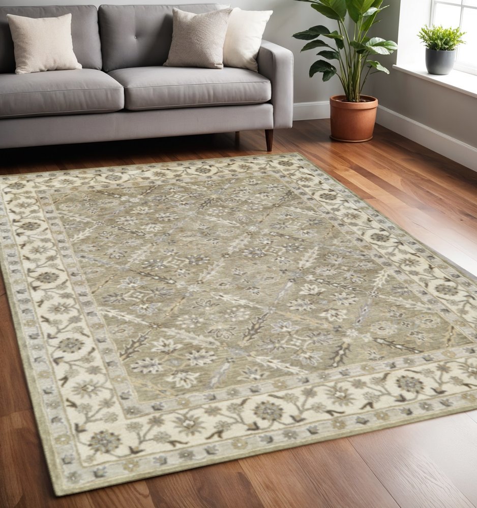 2' X 3' Green Brown And Taupe Wool Paisley Tufted Handmade Stain Resistant Area Rug