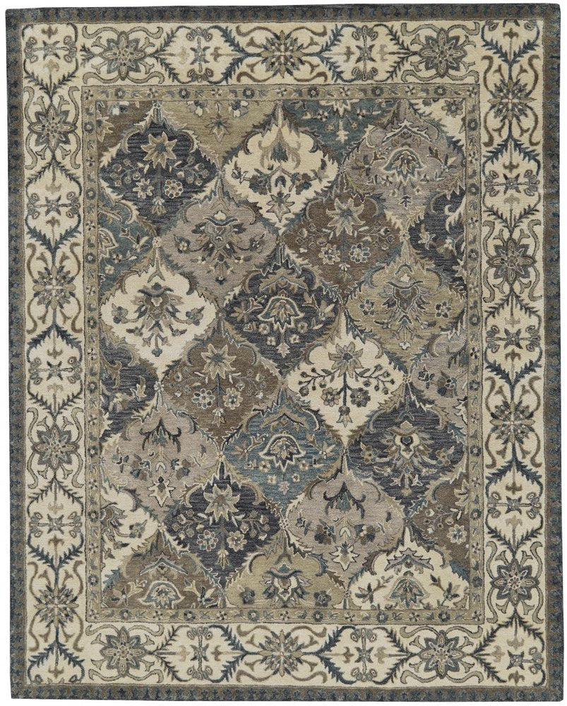 10' X 13' Gray Ivory And Blue Wool Floral Hand Tufted Area Rug