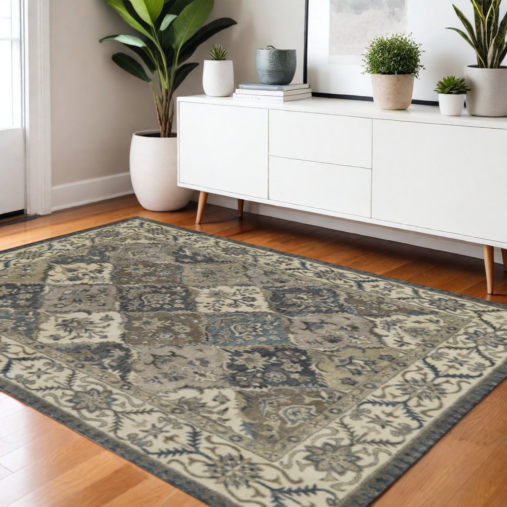10' X 13' Gray Ivory And Blue Wool Floral Hand Tufted Area Rug