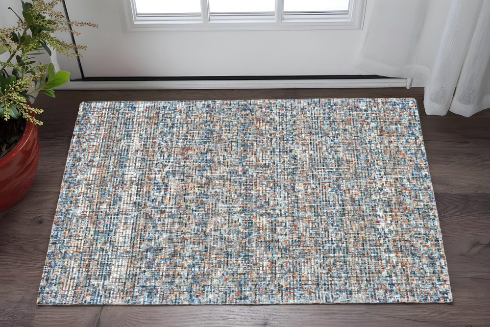 5' X 8' Blue Ivory And Orange Plaid Tufted Handmade Area Rug