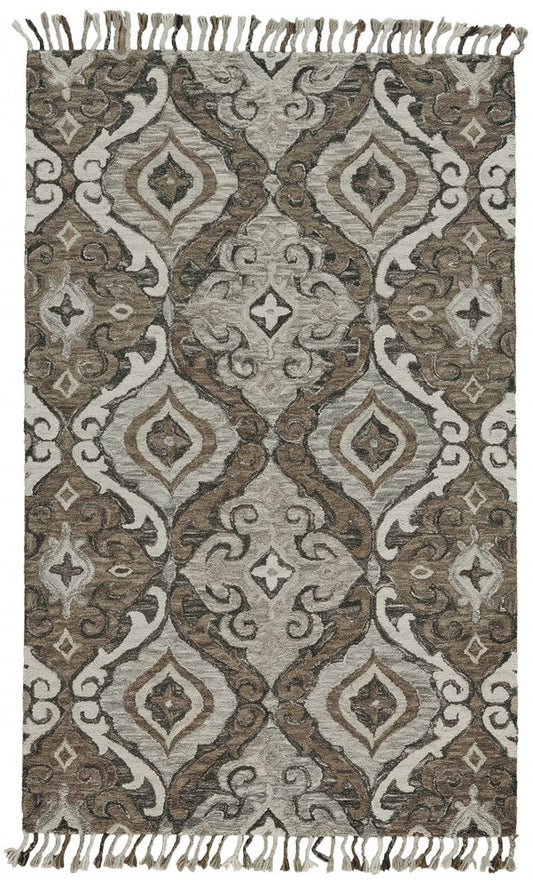 5' X 8' Gray Taupe And Ivory Wool Floral Tufted Handmade Area Rug With Fringe