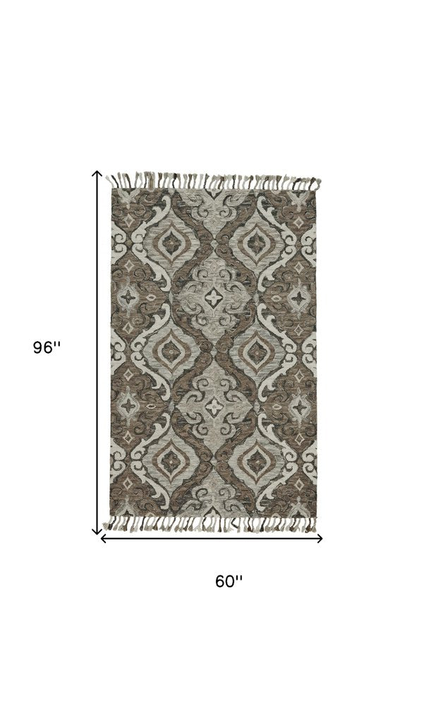 5' X 8' Gray Taupe And Ivory Wool Floral Tufted Handmade Area Rug With Fringe