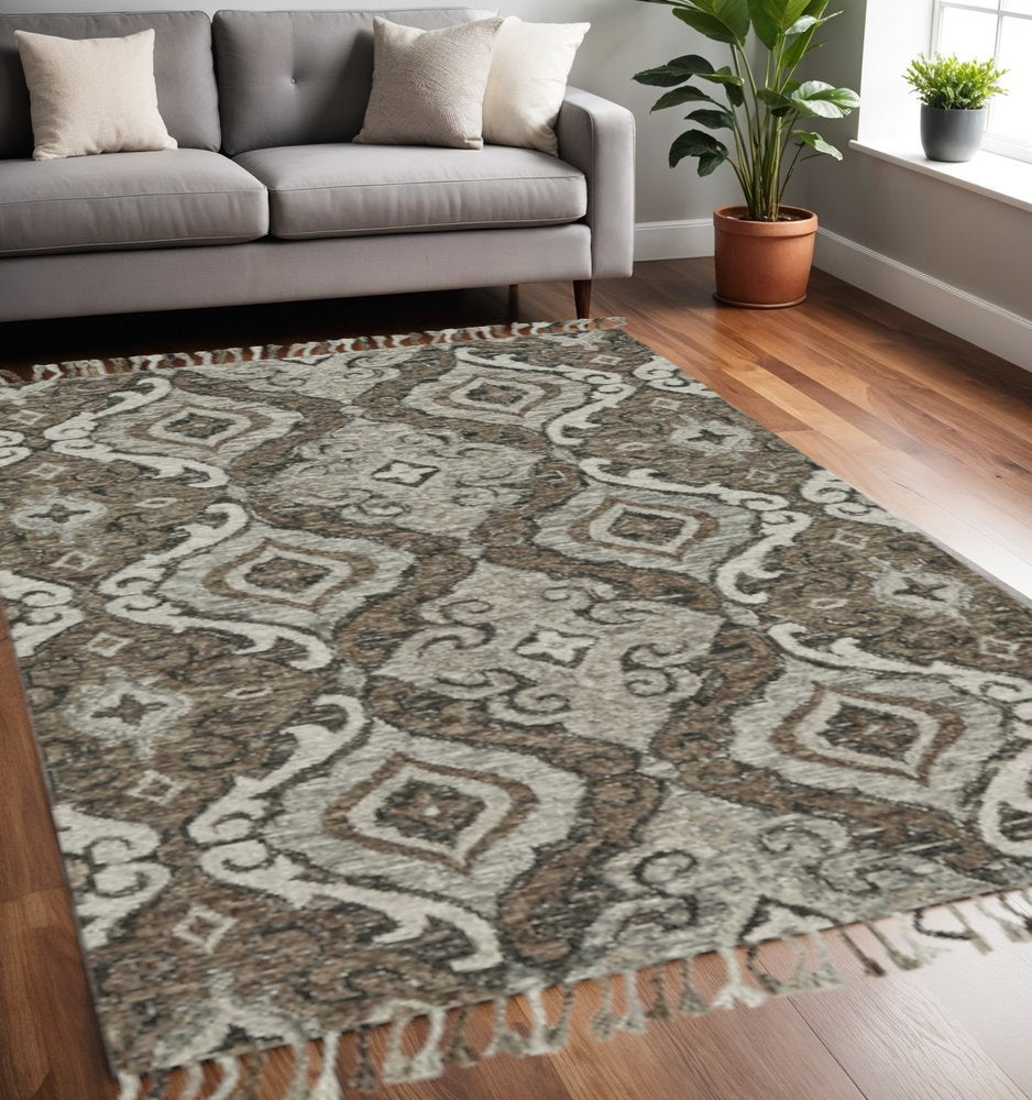 5' X 8' Gray Taupe And Ivory Wool Floral Tufted Handmade Area Rug With Fringe