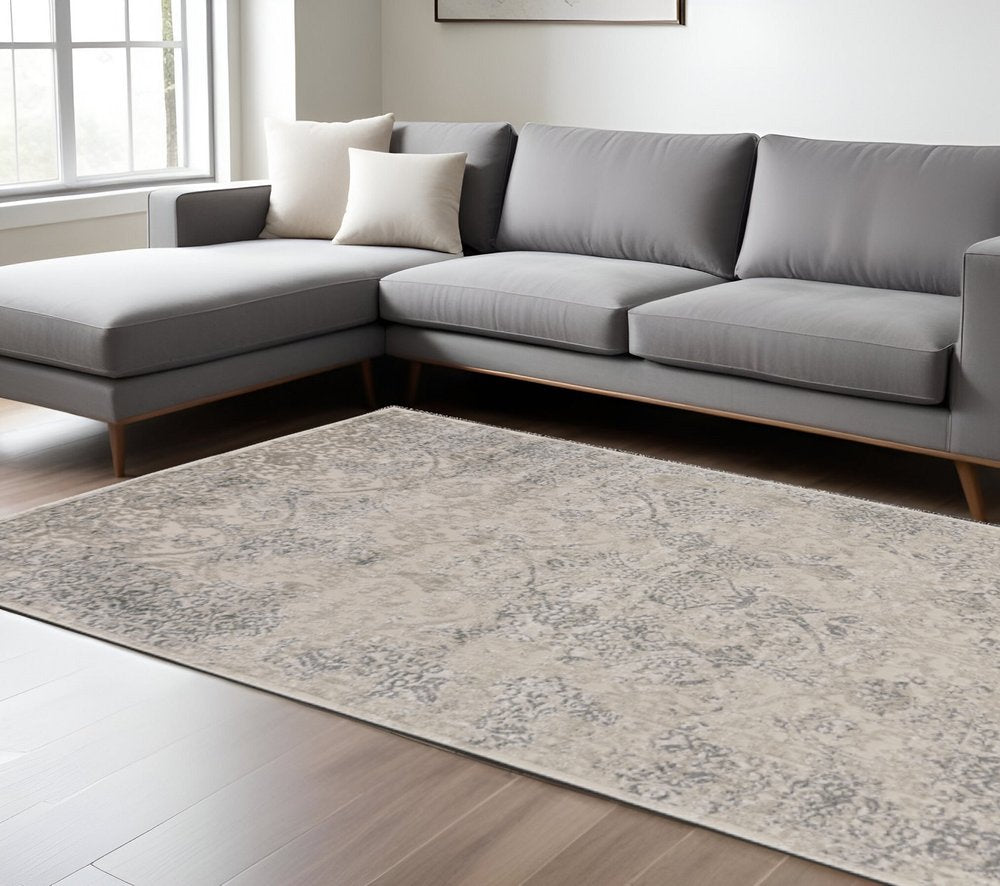 5' X 8' Ivory Gray And Black Abstract Stain Resistant Area Rug