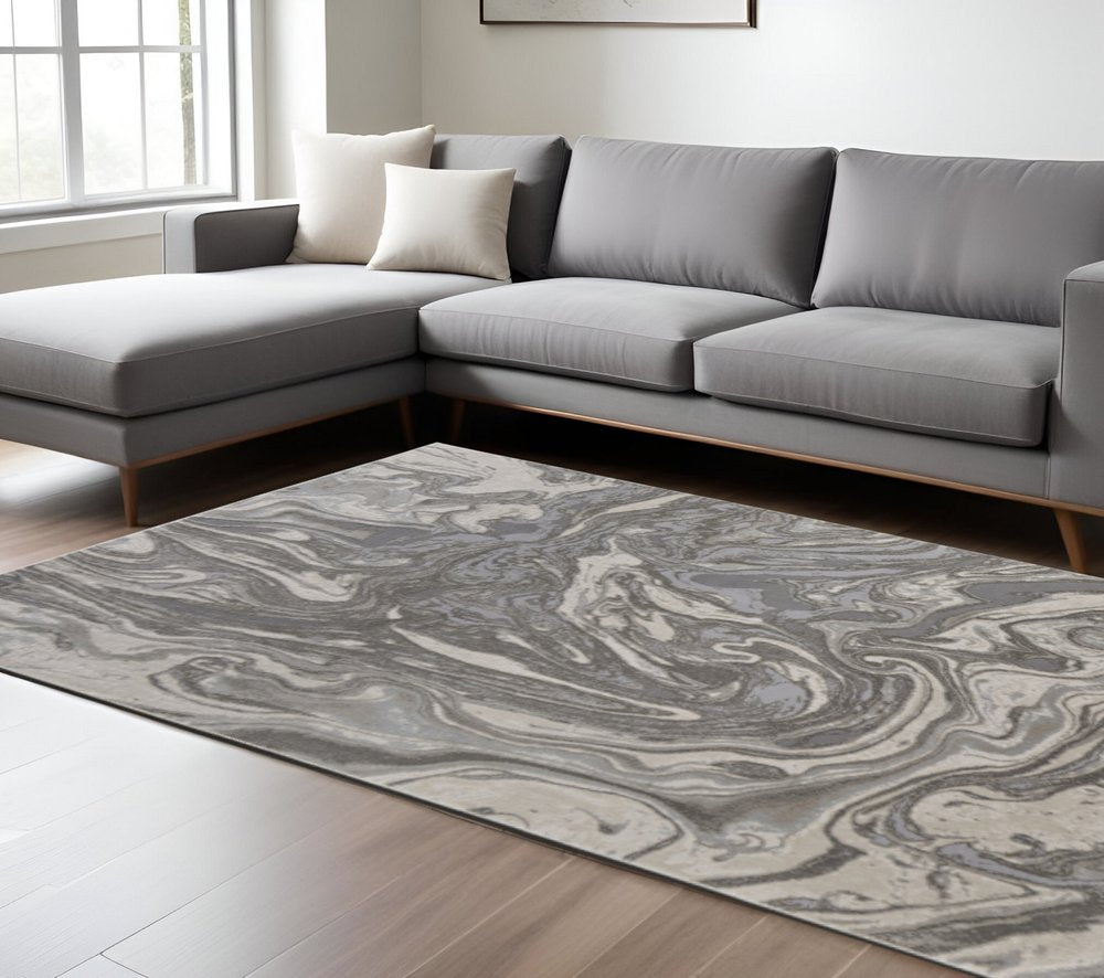 5' X 8' Gray Ivory And Silver Abstract Area Rug