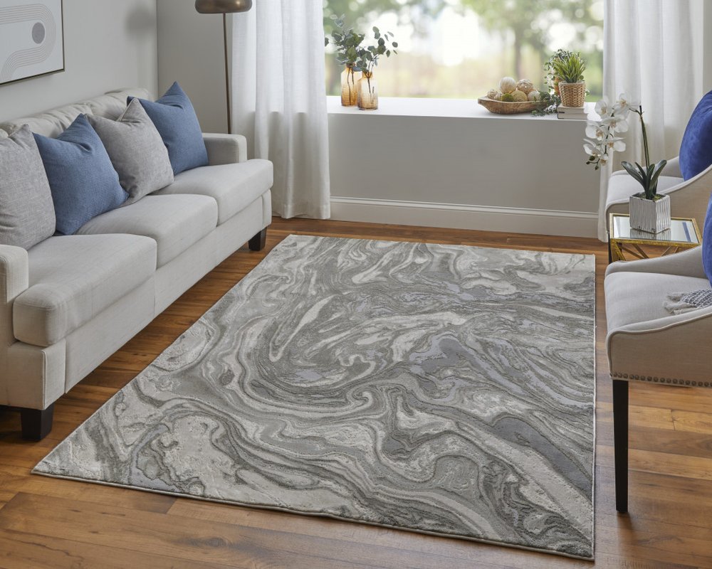 5' X 8' Gray Ivory And Silver Abstract Area Rug