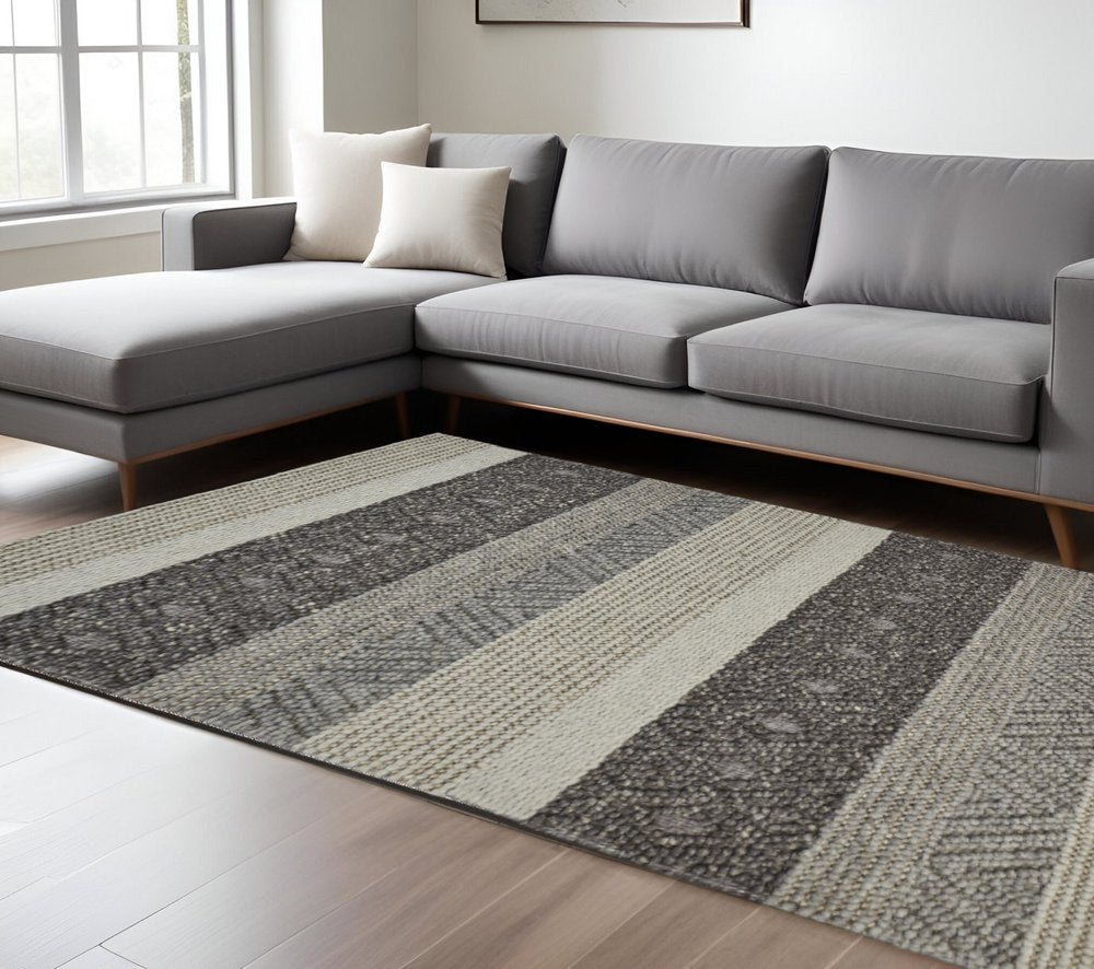 10' X 13' Gray Black And Taupe Wool Striped Hand Woven Area Rug