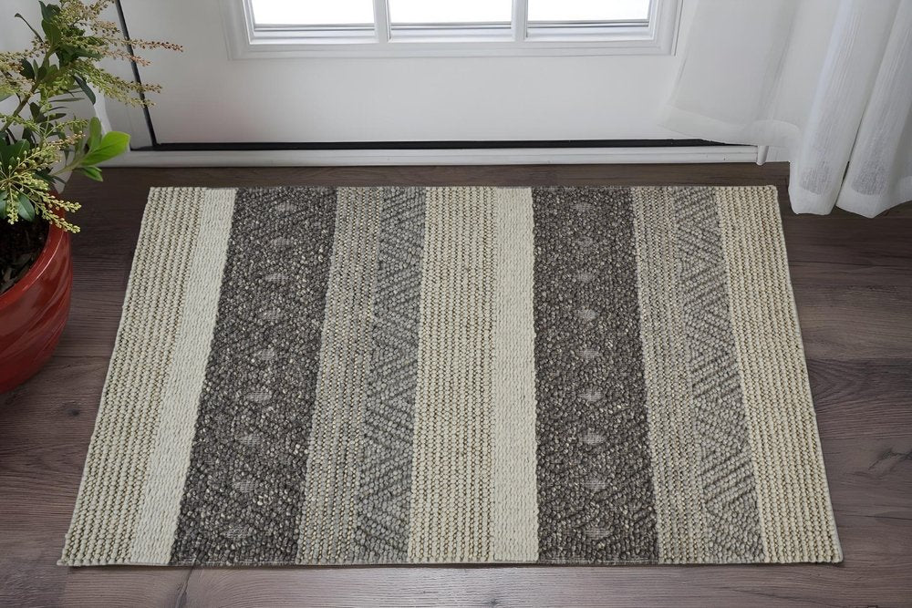 10' X 13' Gray Black And Taupe Wool Striped Hand Woven Area Rug