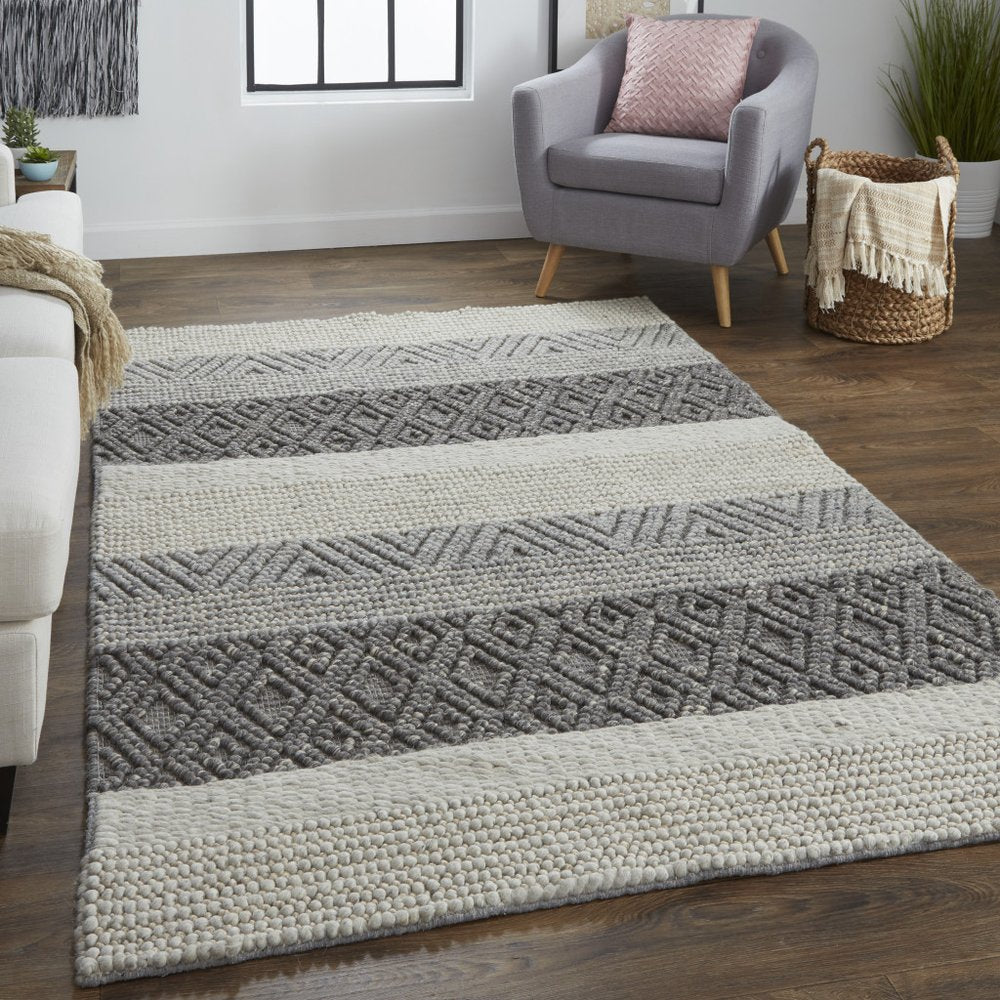 10' X 13' Gray Black And Taupe Wool Striped Hand Woven Area Rug