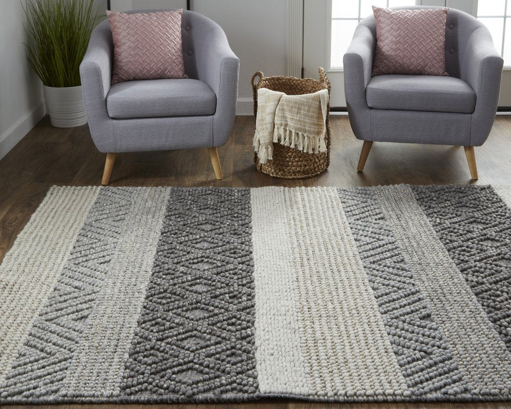 10' X 13' Gray Black And Taupe Wool Striped Hand Woven Area Rug