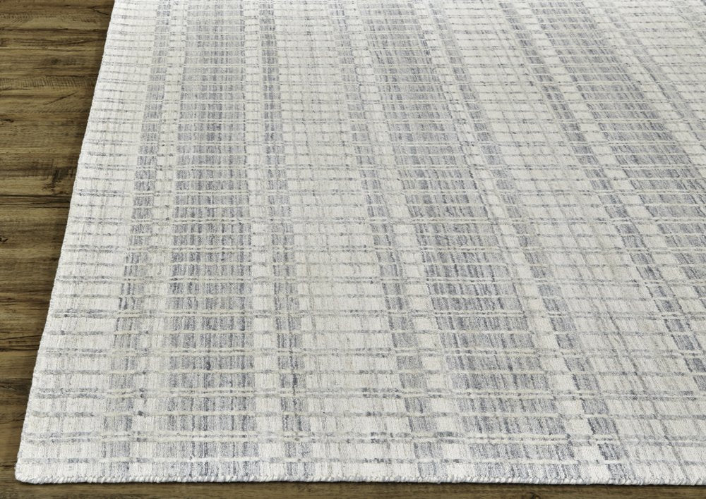7' X 9' Ivory And Blue Striped Hand Woven Area Rug