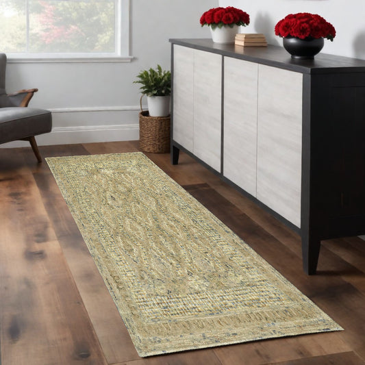 8' Runner Beige Blue and Gray Wool Oriental Hand Tufted Runner Rug