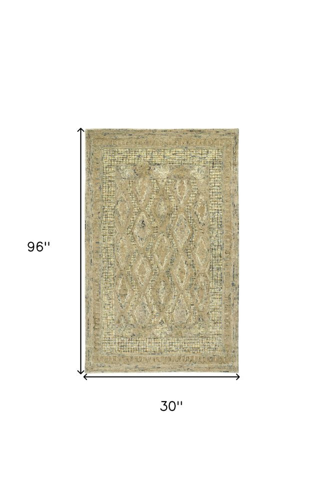 8' Tan Blue And Gray Wool Oriental Hand Tufted Runner Rug