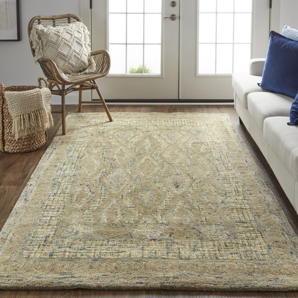 8' Tan Blue And Gray Wool Oriental Hand Tufted Runner Rug