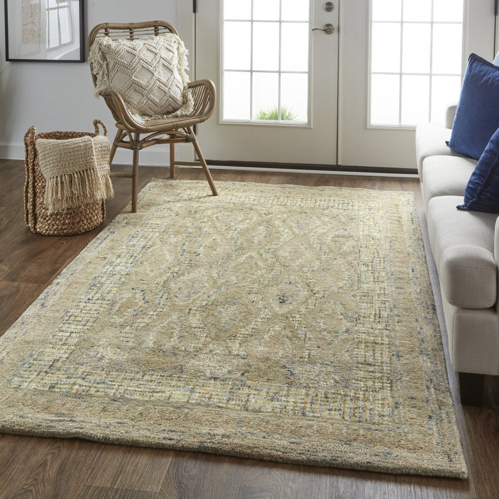 8' Tan Blue And Gray Wool Oriental Hand Tufted Runner Rug