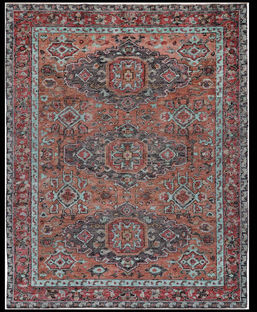 2' X 3' Red Orange And Blue Wool Floral Hand Knotted Distressed Area Rug With Fringe