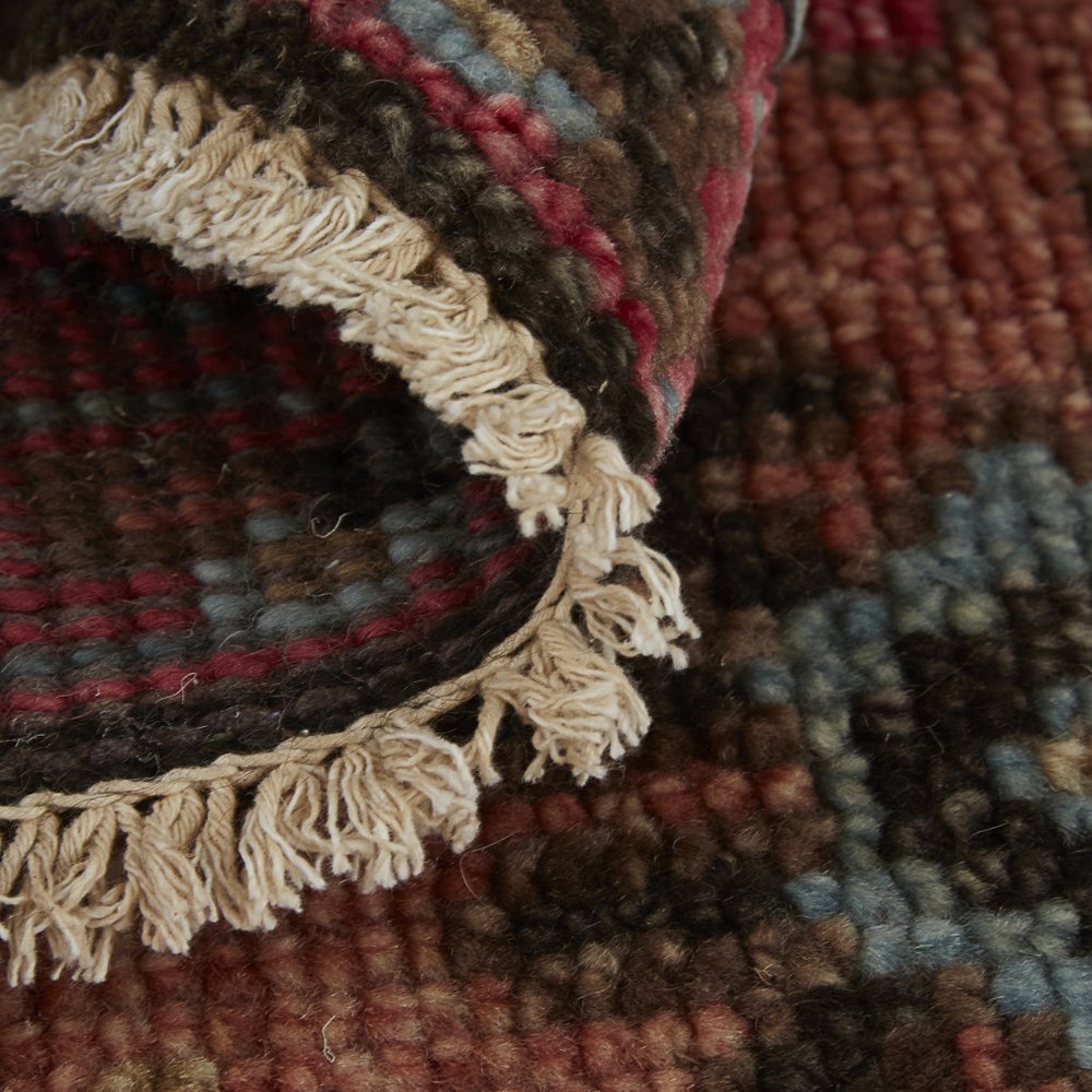 2' X 3' Red Orange And Blue Wool Floral Hand Knotted Distressed Area Rug With Fringe